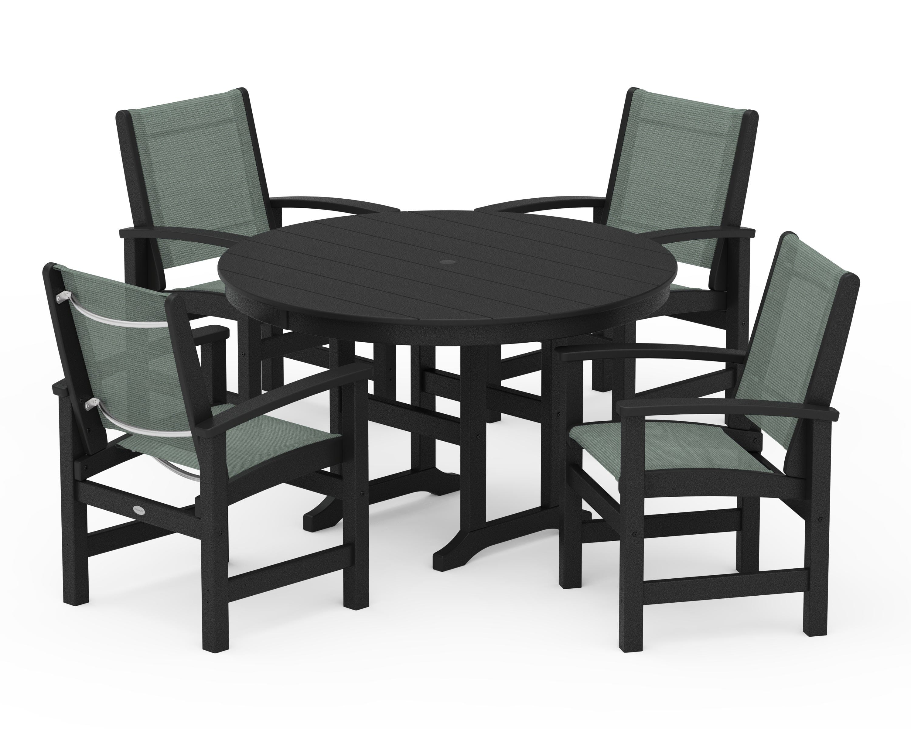 POLYWOOD® Coastal 5-Piece Round Farmhouse Dining Set in Black / Dupioni Sea Mist Sling