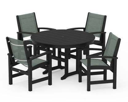 POLYWOOD® Coastal 5-Piece Round Farmhouse Dining Set in Black / Dupioni Sea Mist Sling