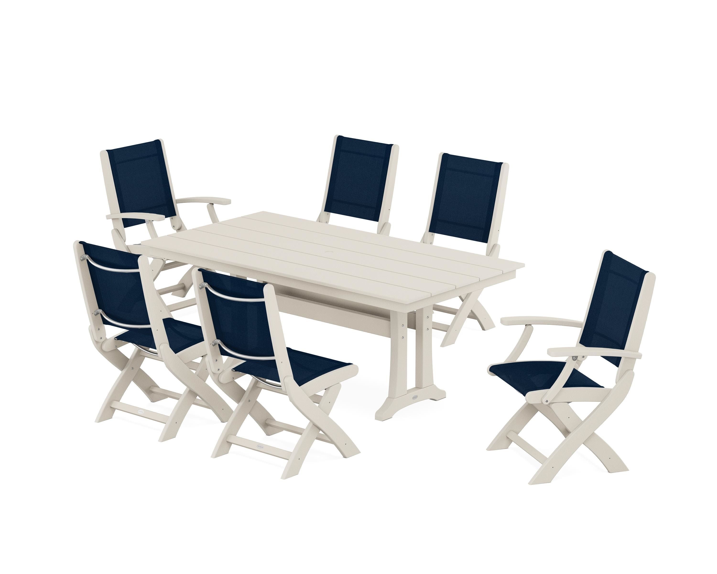 POLYWOOD® Coastal Folding Chair 7-Piece Farmhouse Dining Set with Trestle Legs in Sand / Navy Blue Sling