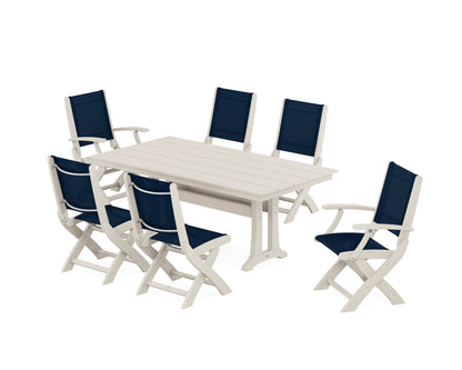 POLYWOOD® Coastal Folding Chair 7-Piece Farmhouse Dining Set with Trestle Legs in Sand / Navy Blue Sling