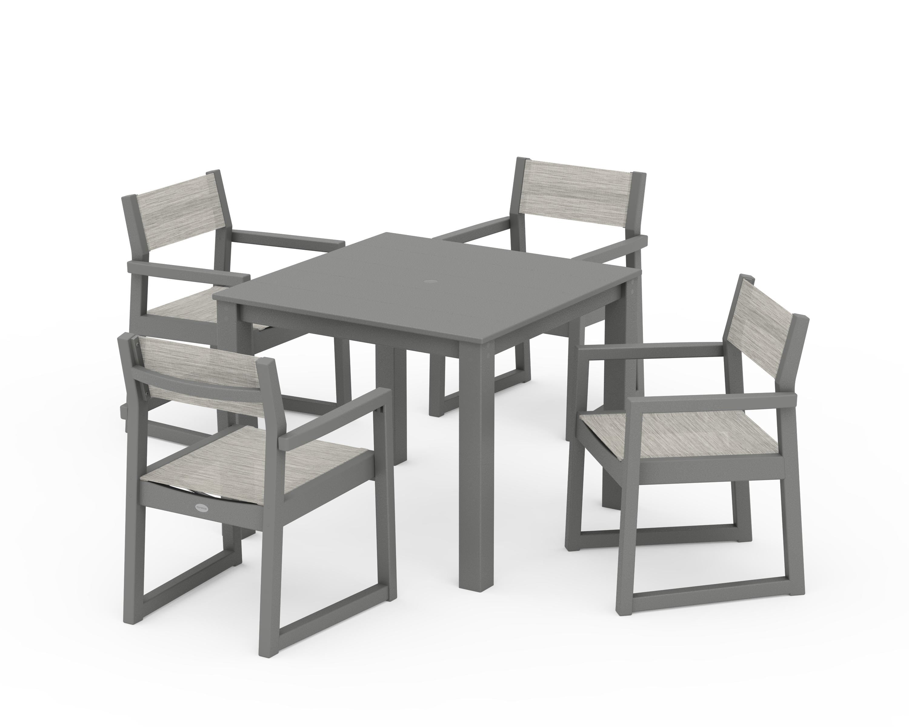 POLYWOOD® EDGE Sling Arm Chair 5-Piece Parsons Dining Set in Slate Grey / Birch Sling