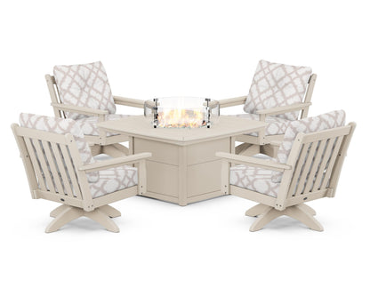 POLYWOOD® Vineyard 5-Piece Deep Seating Swivel Conversation Set with Fire Pit Table in Sand / Trellis Dune Burlap