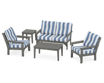 POLYWOOD® Vineyard 5-Piece Deep Seating Set in Slate Grey / Cabana Stripe Sky Blue