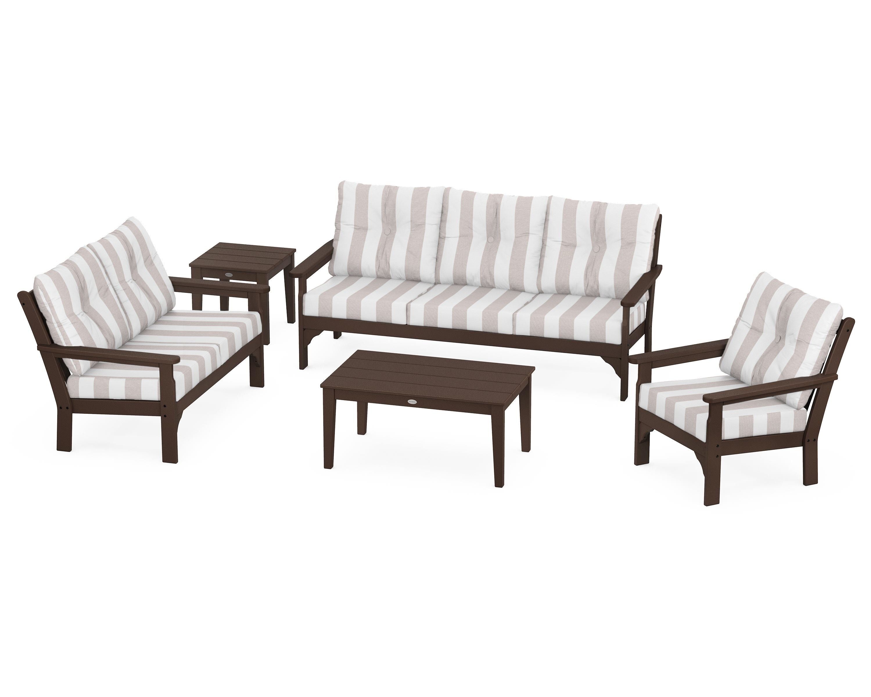 POLYWOOD® Vineyard 5 Piece Deep Seating Set in Mahogany / Cabana Stripe Dune Burlap