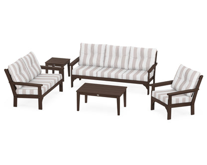 POLYWOOD® Vineyard 5 Piece Deep Seating Set in Mahogany / Cabana Stripe Dune Burlap