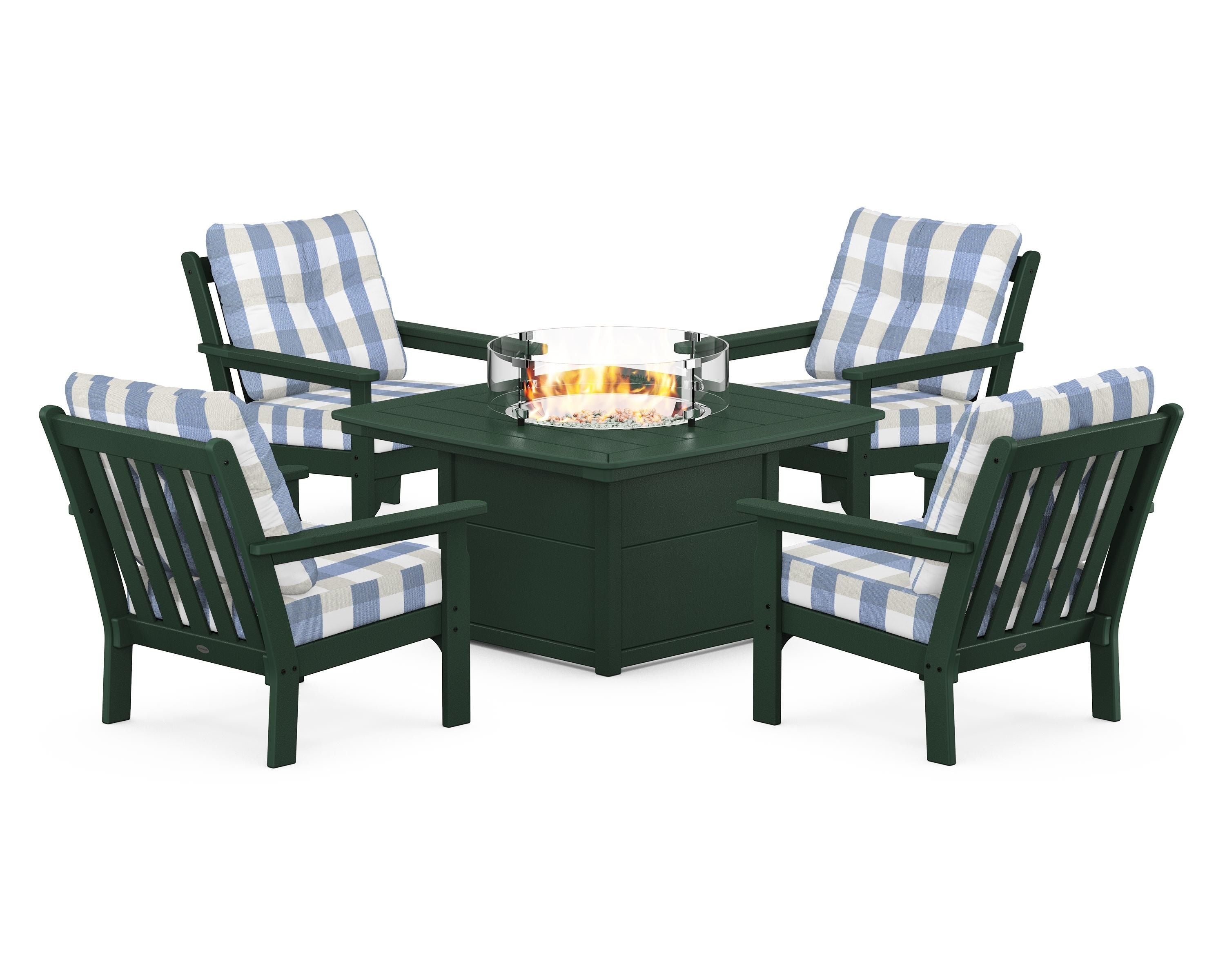 POLYWOOD® Vineyard 5-Piece Conversation Set with Fire Pit Table in Green / Buffalo Plaid Sky Blue