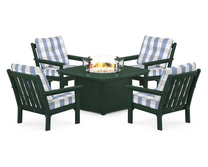 POLYWOOD® Vineyard 5-Piece Conversation Set with Fire Pit Table in Green / Buffalo Plaid Sky Blue