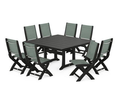 POLYWOOD® Coastal Folding Side Chair 9-Piece Farmhouse Dining Set in Black / Dupioni Sea Mist Sling