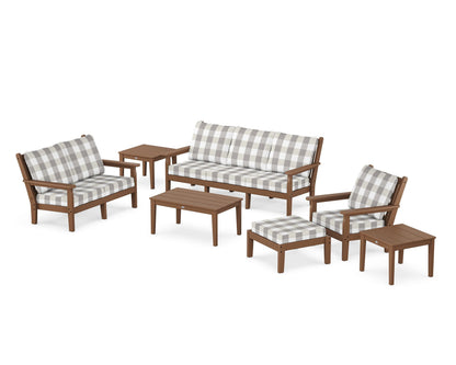 POLYWOOD® Chippendale 7-Piece Deep Seating Set in Teak / Buffalo Plaid Grey Mist