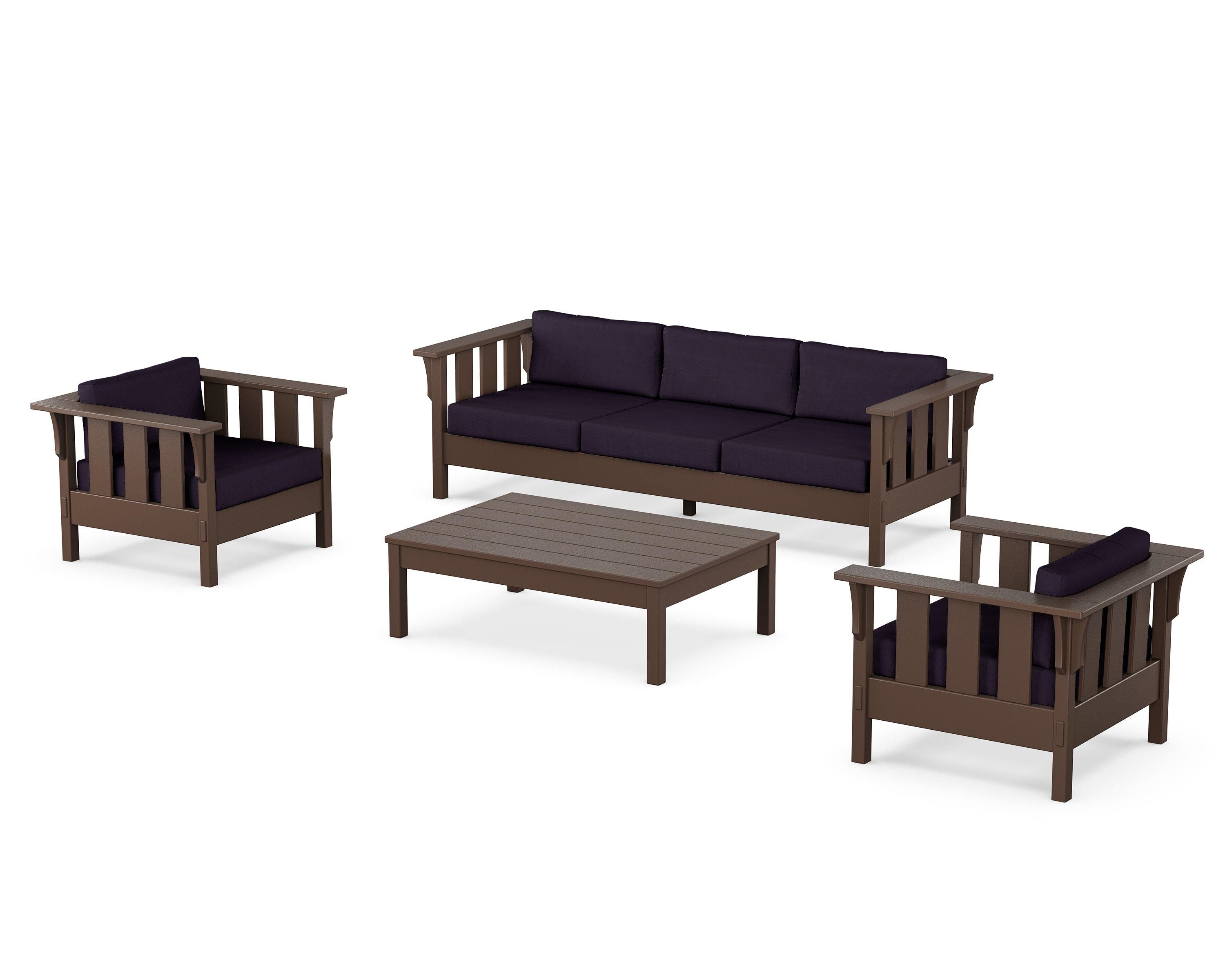 Martha Stewart by POLYWOOD® Acadia 4-Piece Deep Seating Set with Sofa in Mahogany / Navy Linen