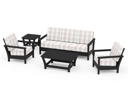 POLYWOOD® Harbour 5-Piece Deep Seating Set in Black / Buffalo Plaid Dune Burlap