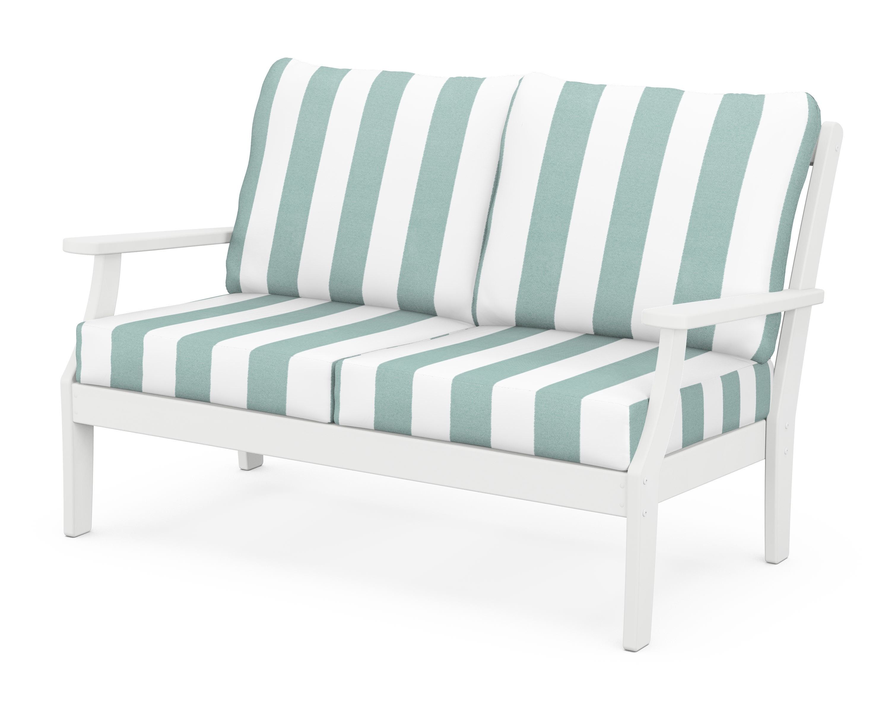 POLYWOOD® Braxton Deep Seating Loveseat in White / Cabana Stripe Glacier Spa
