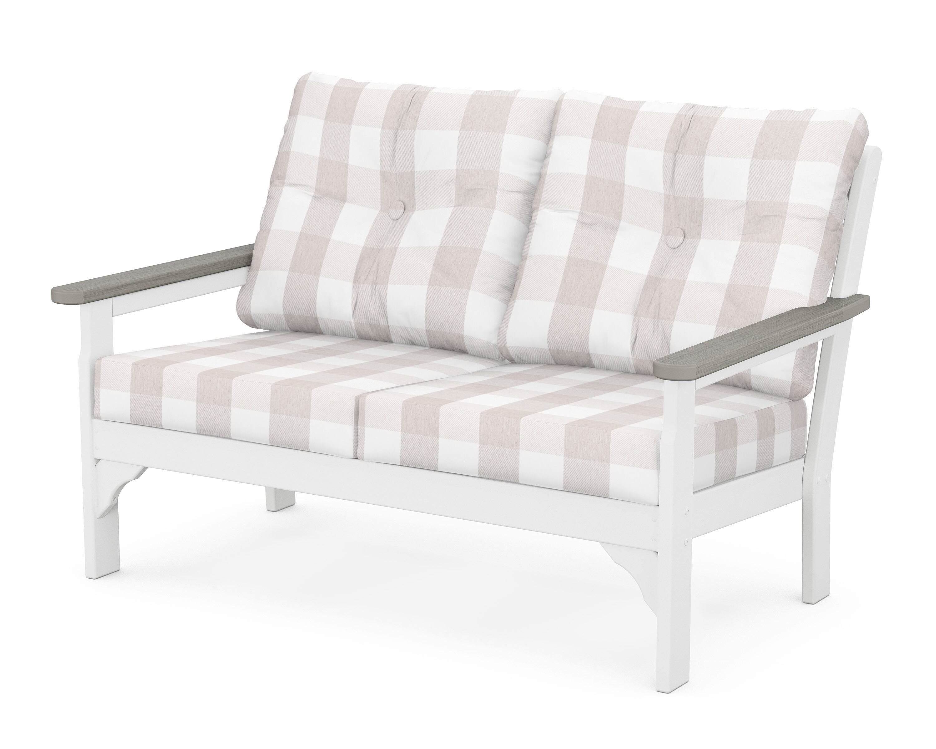 POLYWOOD® Vineyard Deep Seating Loveseat in White / Driftwood / Buffalo Plaid Dune Burlap