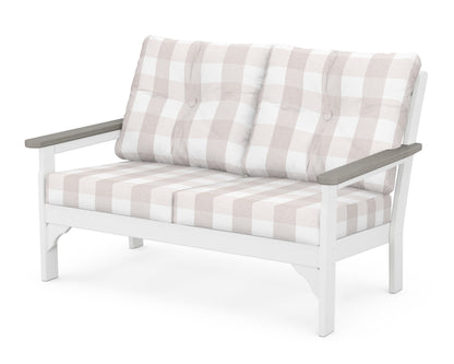 POLYWOOD® Vineyard Deep Seating Loveseat in White / Driftwood / Buffalo Plaid Dune Burlap