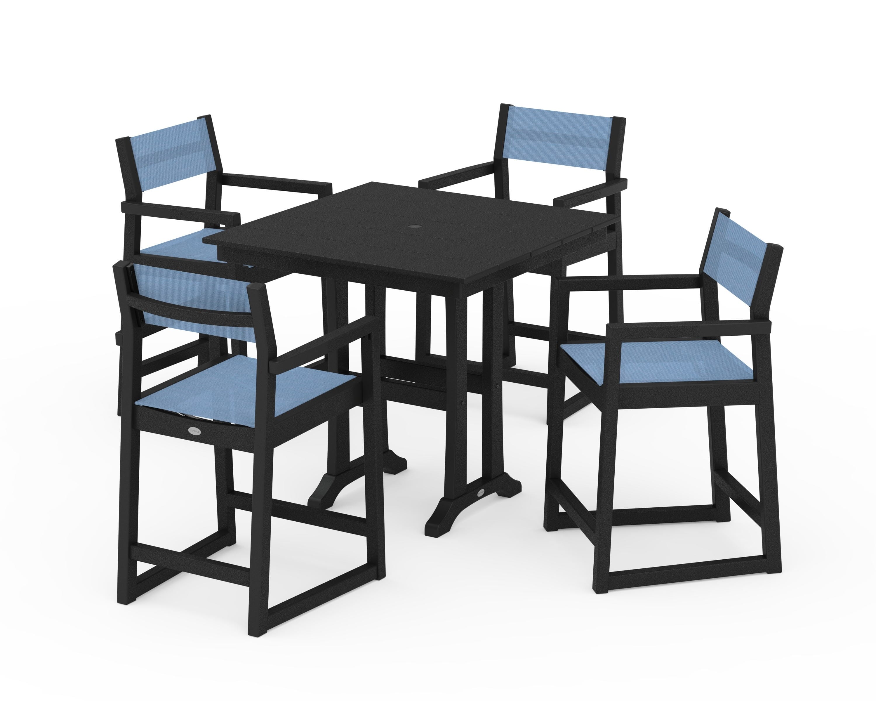POLYWOOD® EDGE Sling Arm Chair 5-Piece Farmhouse Counter Set with Trestle Legs in Black / Poolside Sling