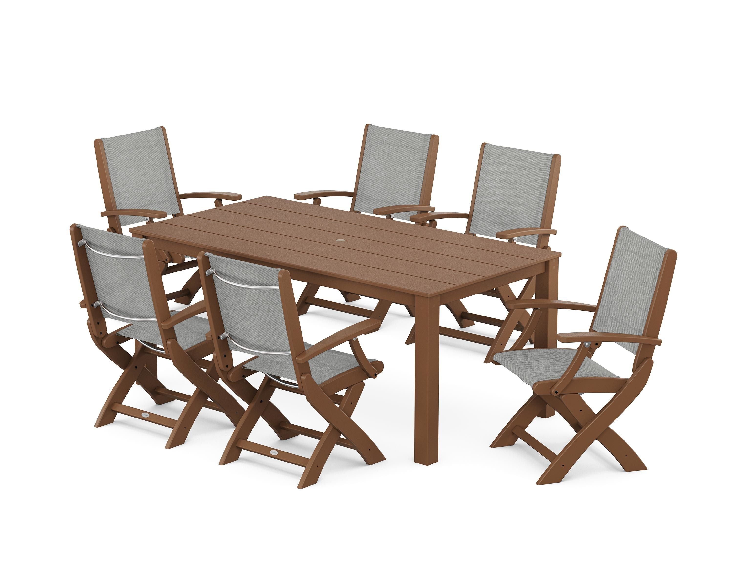 POLYWOOD® Coastal Folding Chair 7-Piece Parsons Dining Set in Teak / Metallic Sling