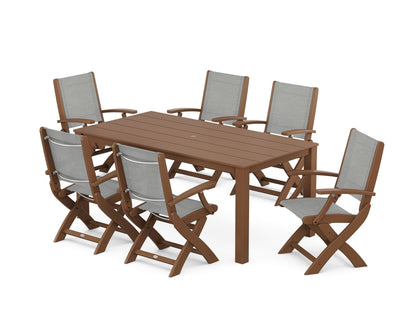 POLYWOOD® Coastal Folding Chair 7-Piece Parsons Dining Set in Teak / Metallic Sling