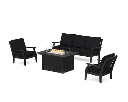POLYWOOD® Braxton Deep Seating Fire Pit Table Set in Black / Midnight Linen