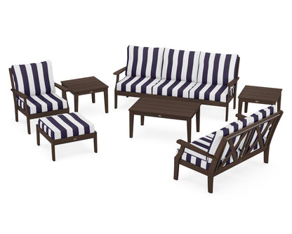 POLYWOOD® Braxton 7-Piece Deep Seating Set in Mahogany / Cabana Stripe Navy