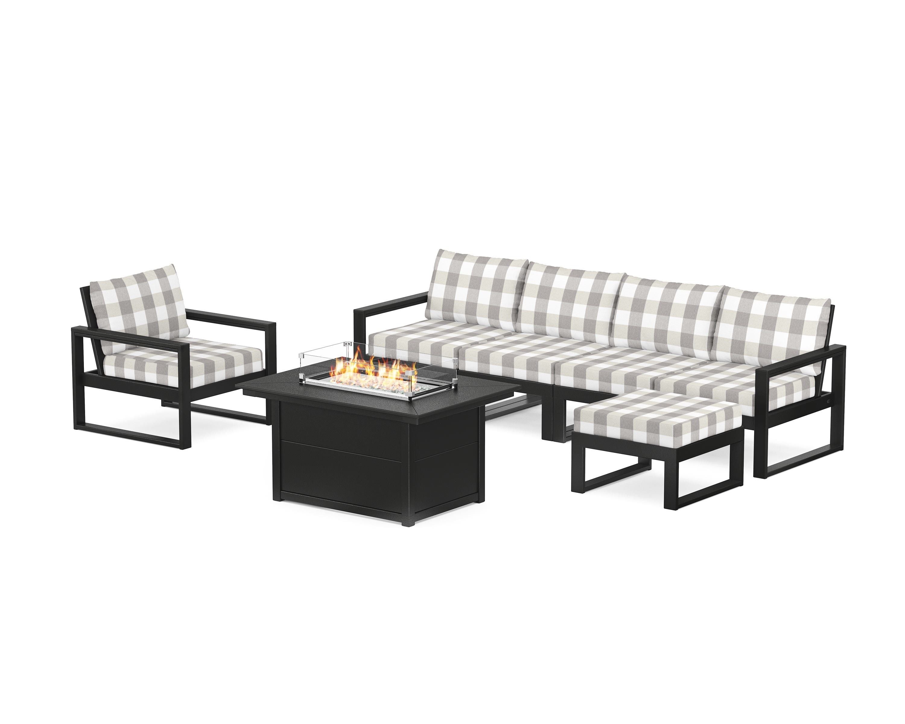 POLYWOOD® EDGE Sectional Lounge and Fire Pit Set in Black / Buffalo Plaid Grey Mist