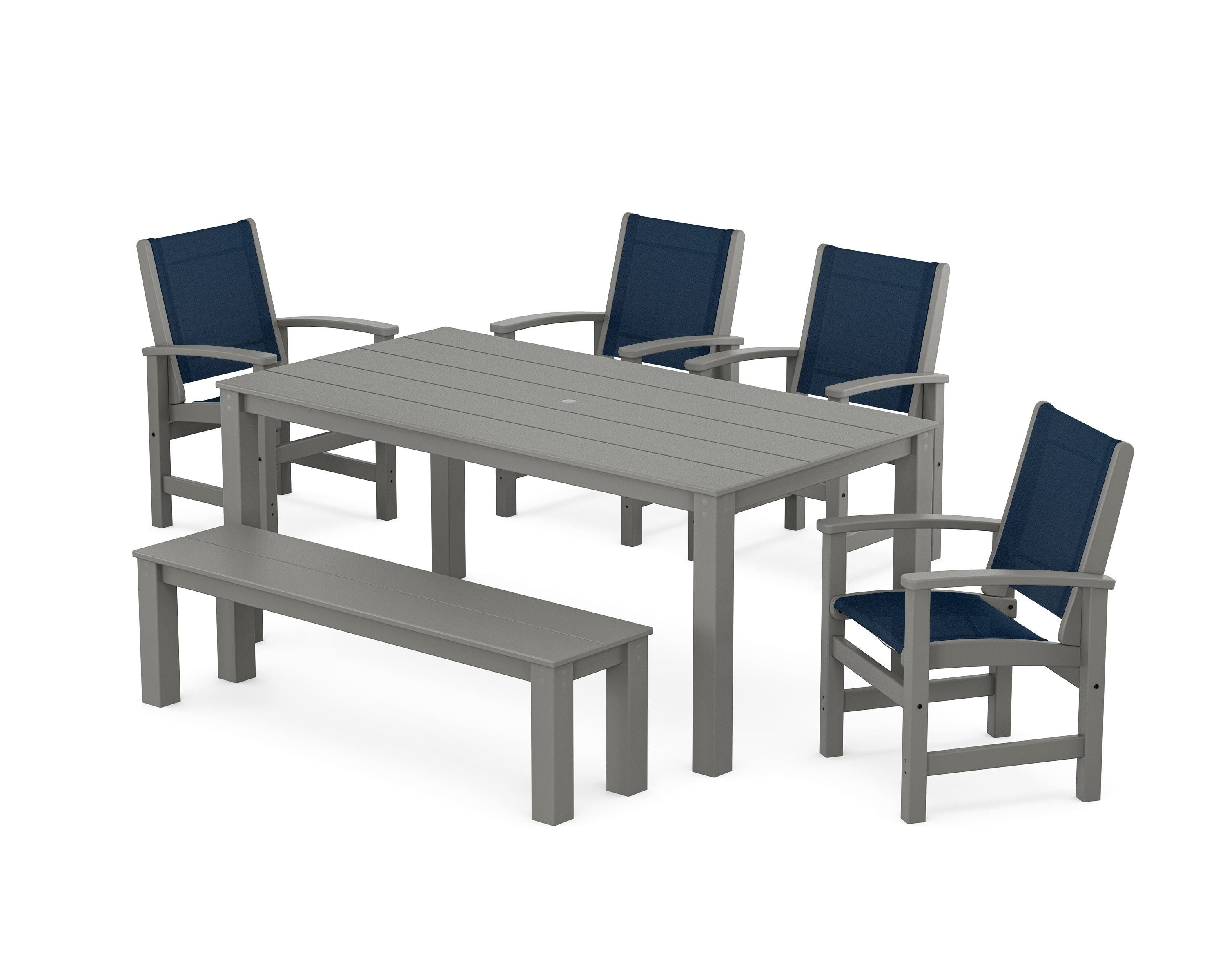 POLYWOOD® Coastal 6-Piece Parsons Dining Set with Bench in Slate Grey / Navy Blue Sling