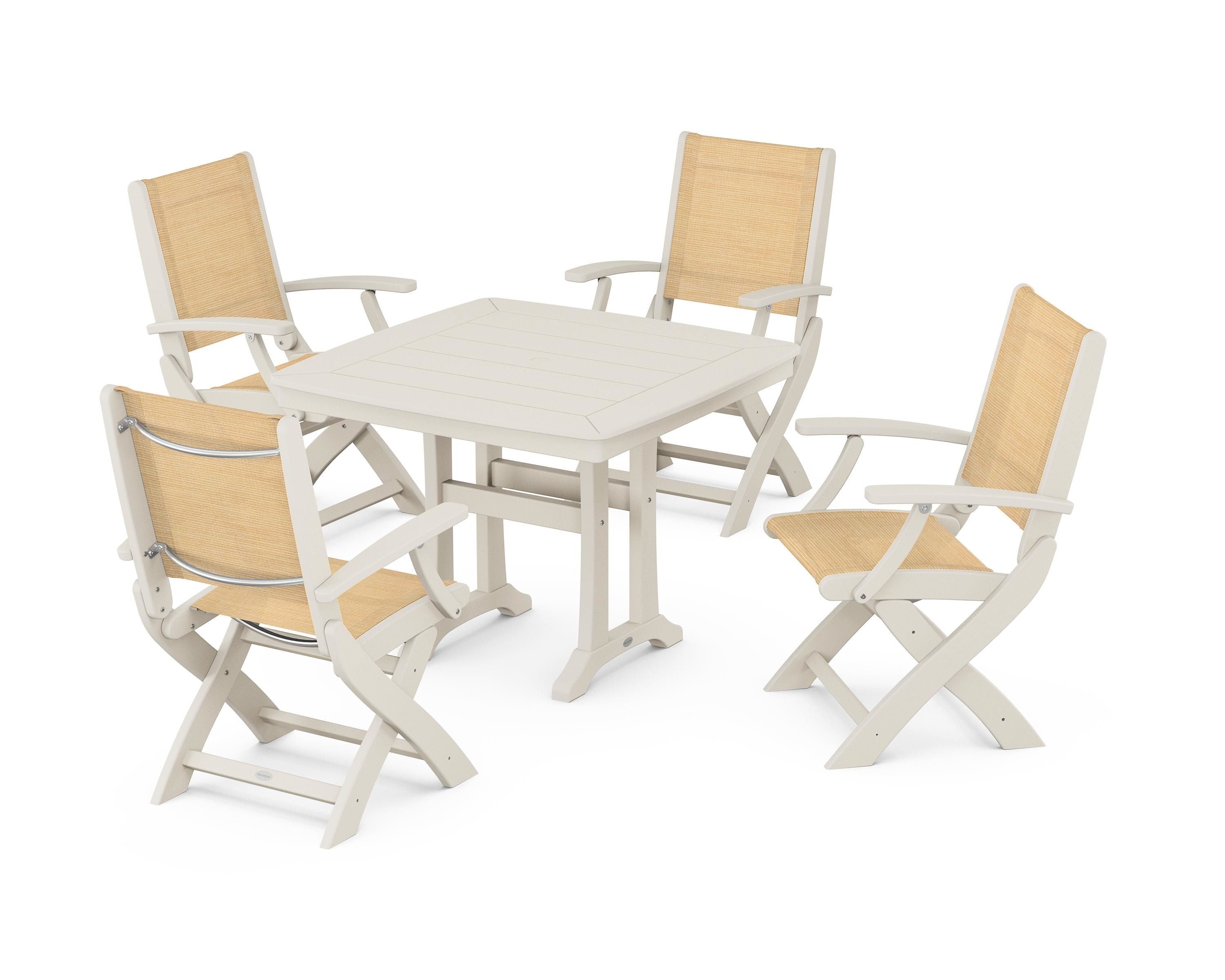 POLYWOOD® Coastal Folding Chair 5-Piece Dining Set with Trestle Legs in Sand / Dupioni Apricot Sling