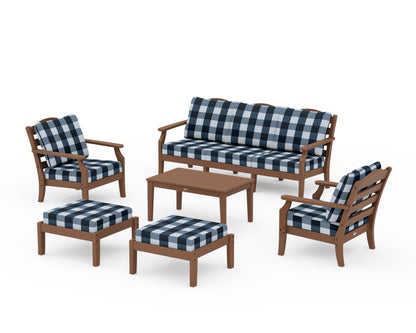 Draper James™ by  POLYWOOD® Savannah 6-Piece Lounge Sofa Set in Teak / Buffalo Plaid Marine Indigo