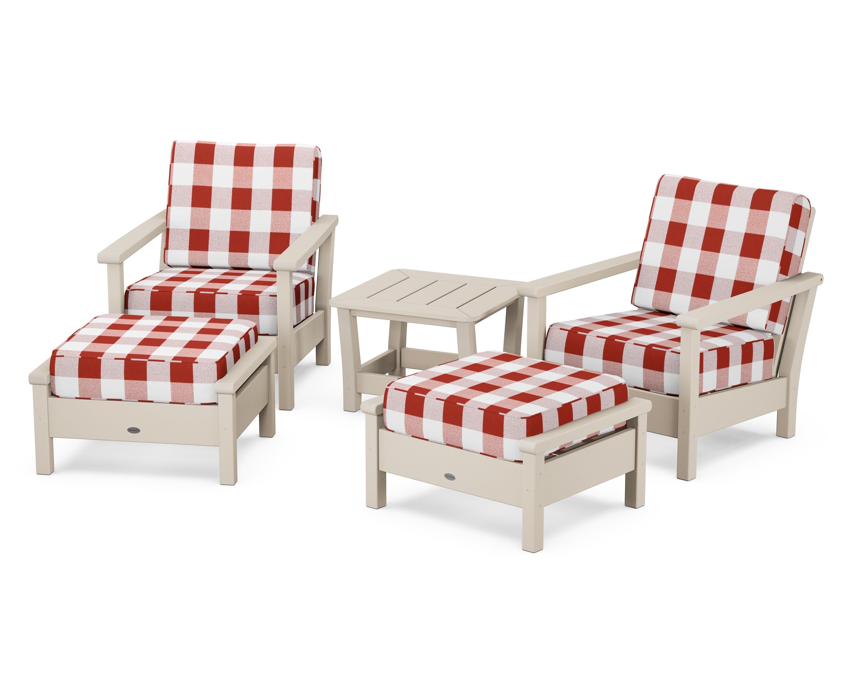 POLYWOOD® Harbour 5-Piece Deep Seating Chair Set in Sand / Buffalo Plaid Crimson