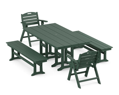 POLYWOOD® Nautical Lowback 5-Piece Farmhouse Dining Set with Benches in Green