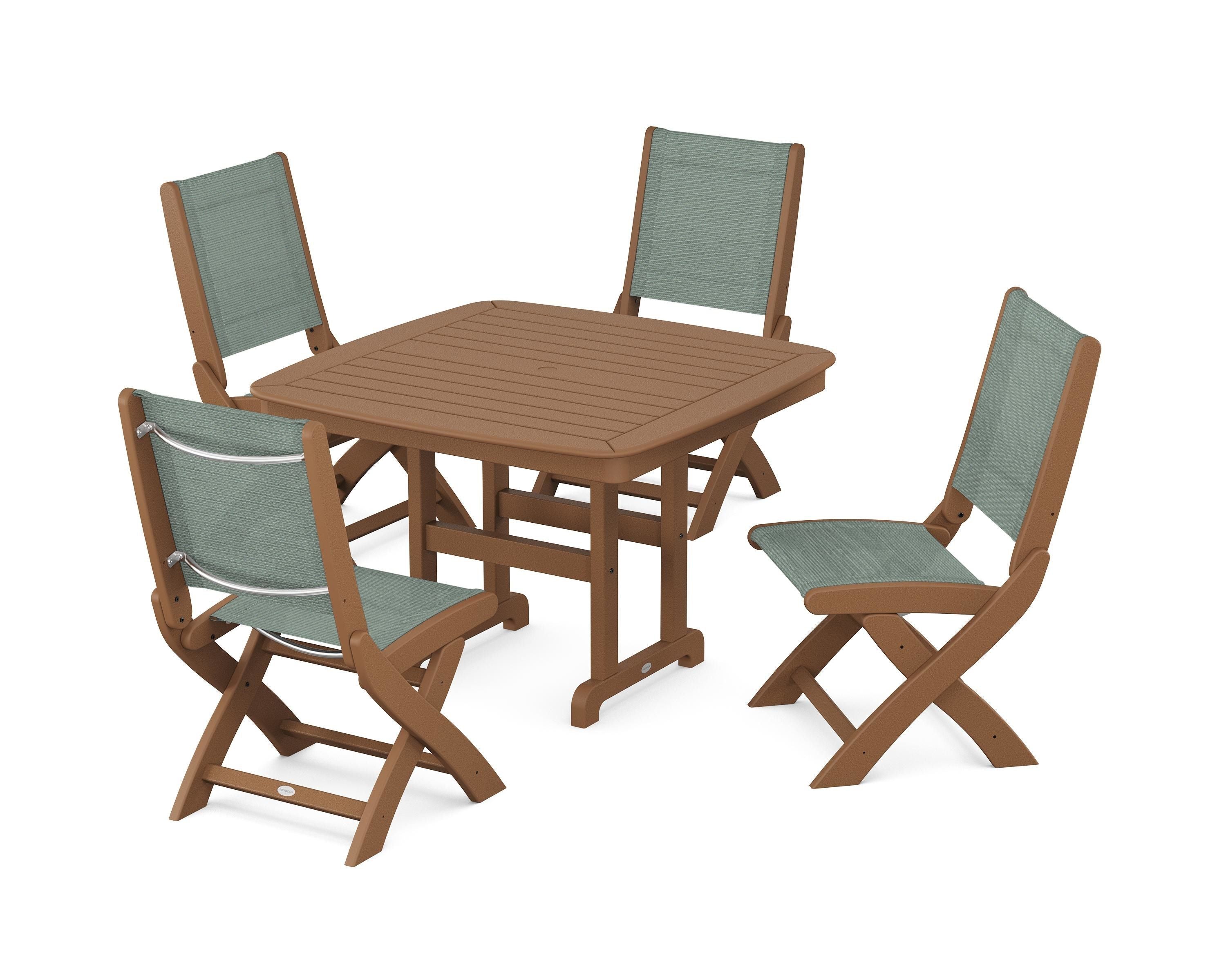 POLYWOOD® Coastal Folding Side Chair 5-Piece Dining Set in Teak / Dupioni Sea Mist Sling