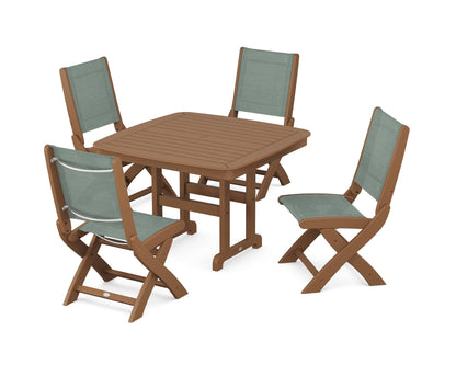 POLYWOOD® Coastal Folding Side Chair 5-Piece Dining Set in Teak / Dupioni Sea Mist Sling