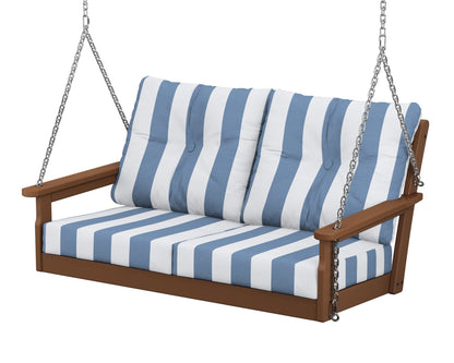 POLYWOOD® Vineyard Deep Seating Swing in Teak / Cabana Stripe Sky Blue