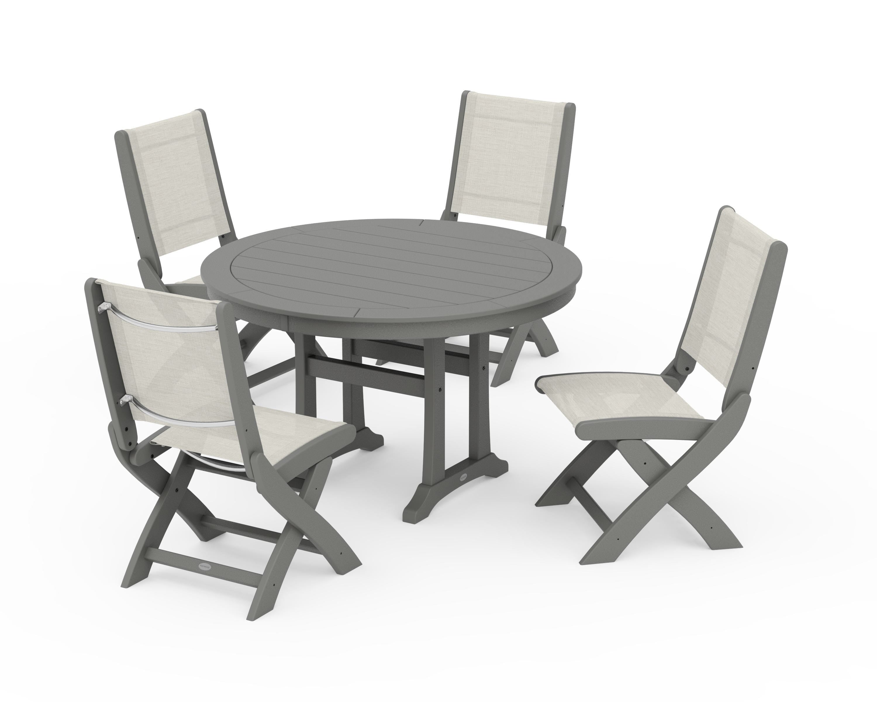 POLYWOOD® Coastal Folding Side Chair 5-Piece Round Dining Set With Trestle Legs in Slate Grey / Parchment Sling
