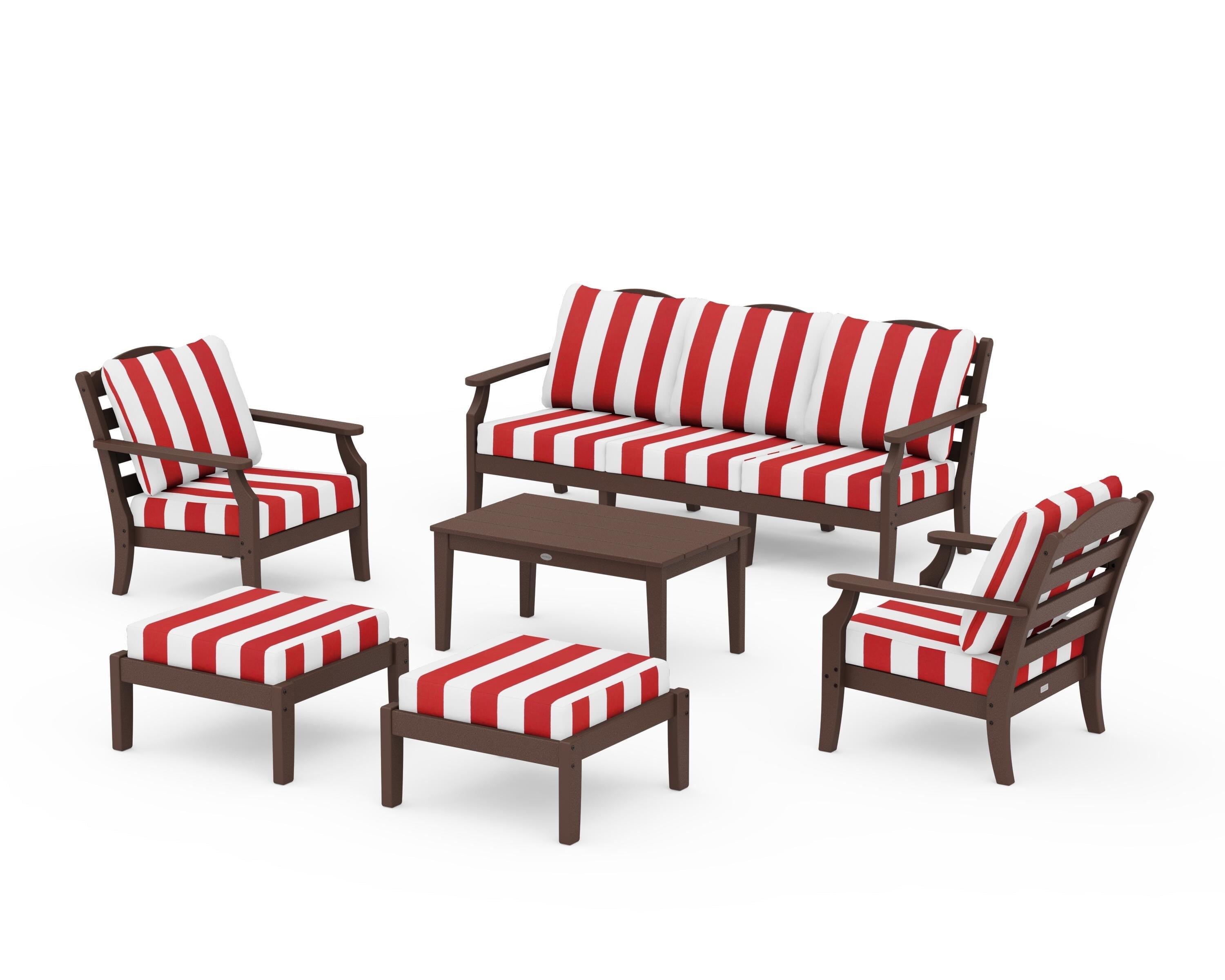 Draper James™ by  POLYWOOD® Savannah 6-Piece Lounge Sofa Set in Mahogany / Cabana Stripe Crimson