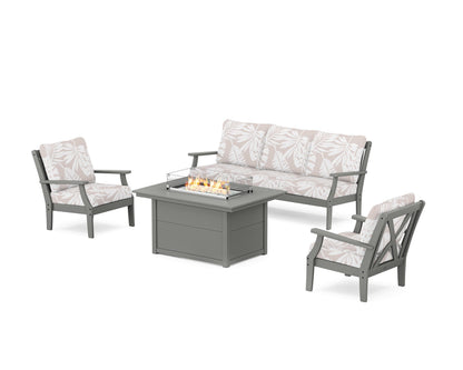 POLYWOOD® Braxton Deep Seating Fire Pit Table Set in Slate Grey / Leaf Dune Burlap