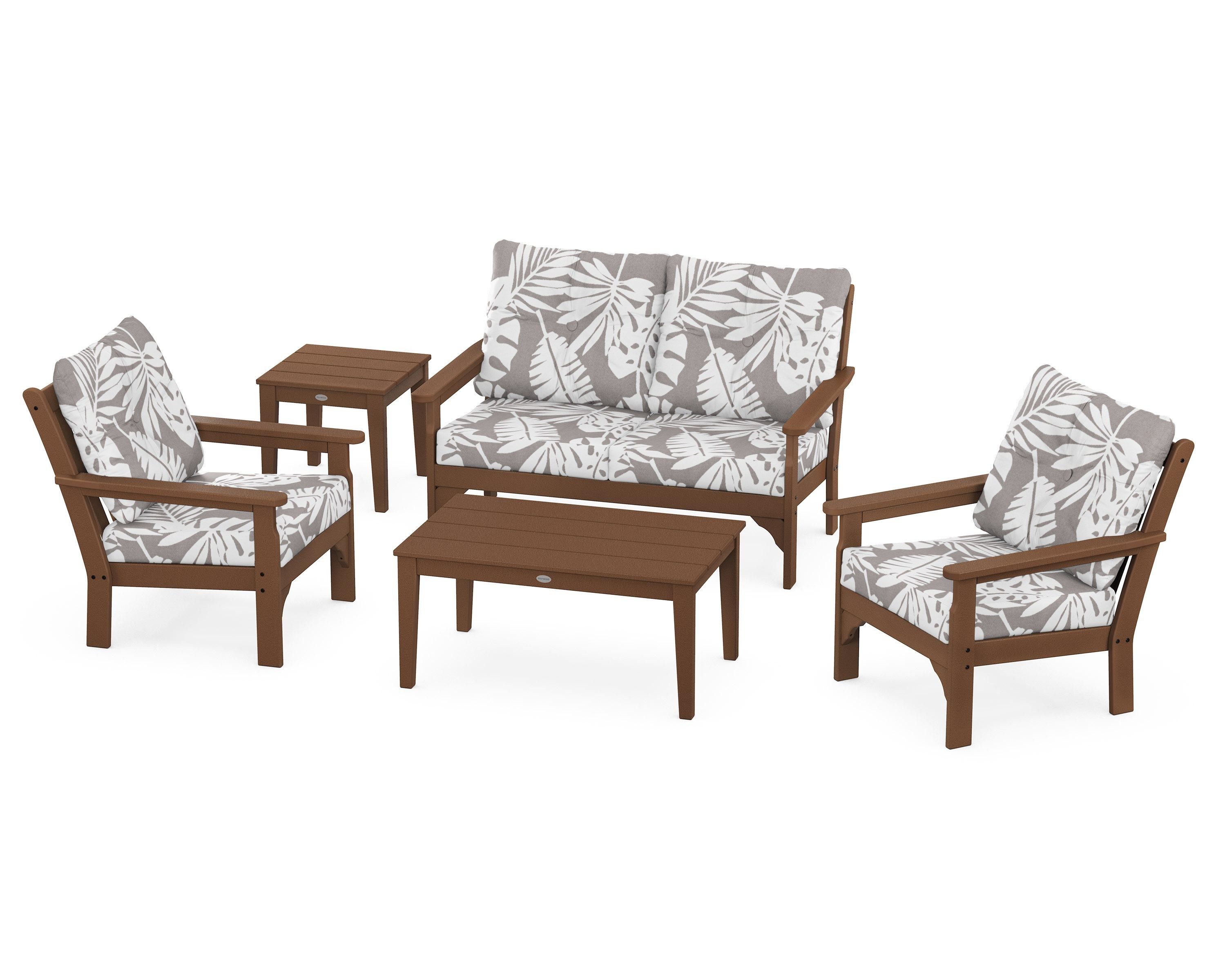 POLYWOOD® Vineyard 5-Piece Deep Seating Set in Teak / Leaf Grey Mist