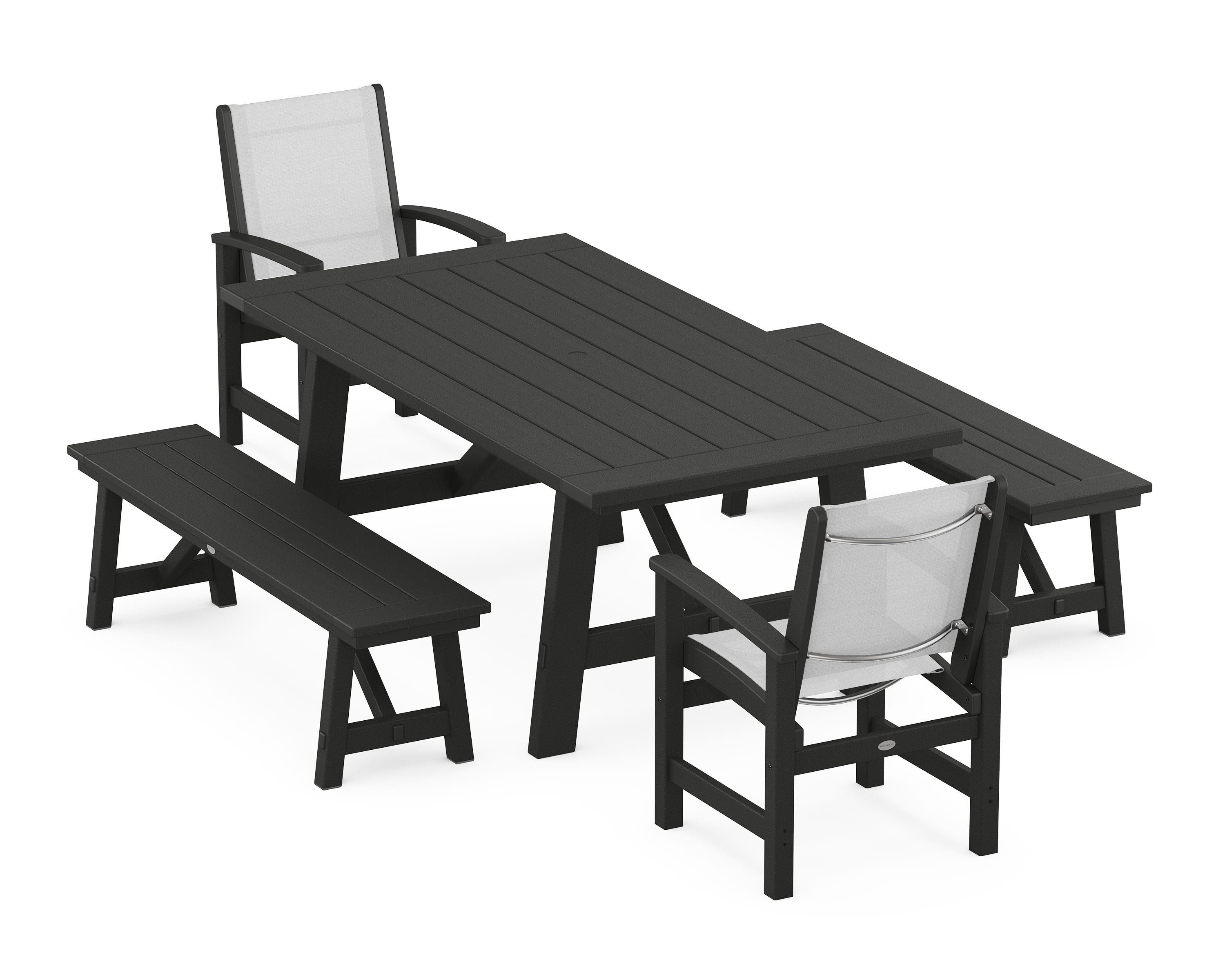 POLYWOOD® Coastal 5-Piece Rustic Farmhouse Dining Set With Benches in Black / White Sling