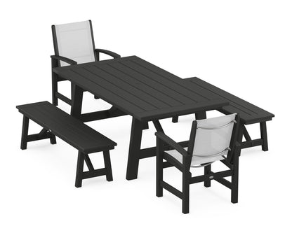 POLYWOOD® Coastal 5-Piece Rustic Farmhouse Dining Set With Benches in Black / White Sling