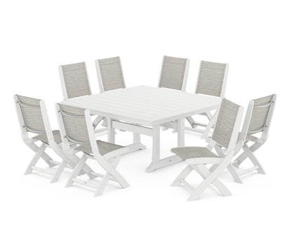 POLYWOOD® Coastal Folding Side Chair 9-Piece Dining Set with Trestle Legs in White / Birch Sling