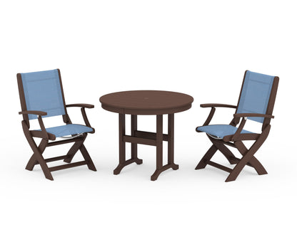 POLYWOOD® Coastal Folding Chair 3-Piece Round Dining Set in Mahogany / Poolside Sling
