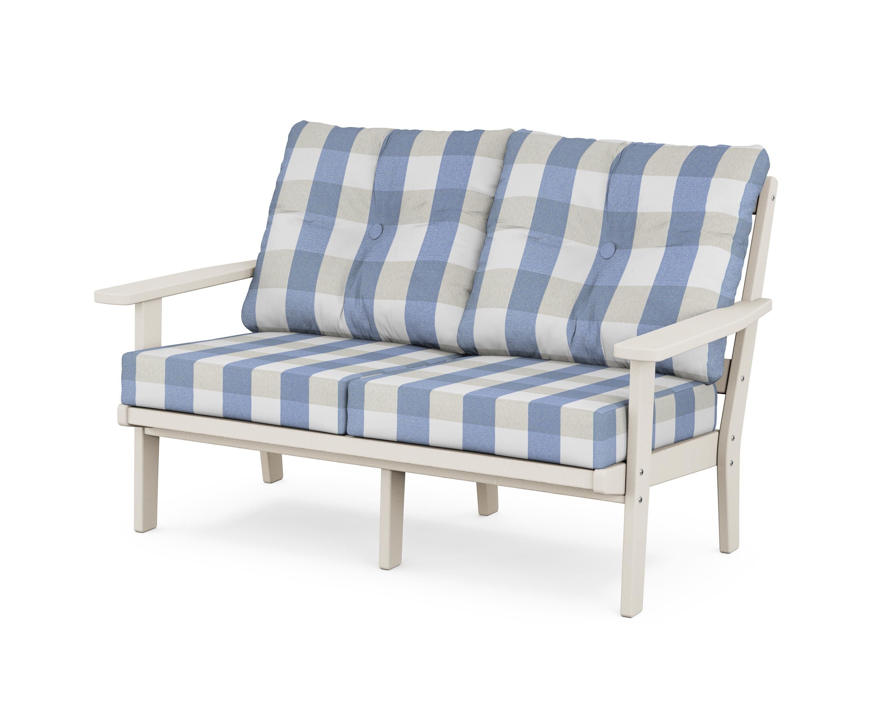 POLYWOOD® Oxford Deep Seating Loveseat in Sand / Buffalo Plaid Sky Blue