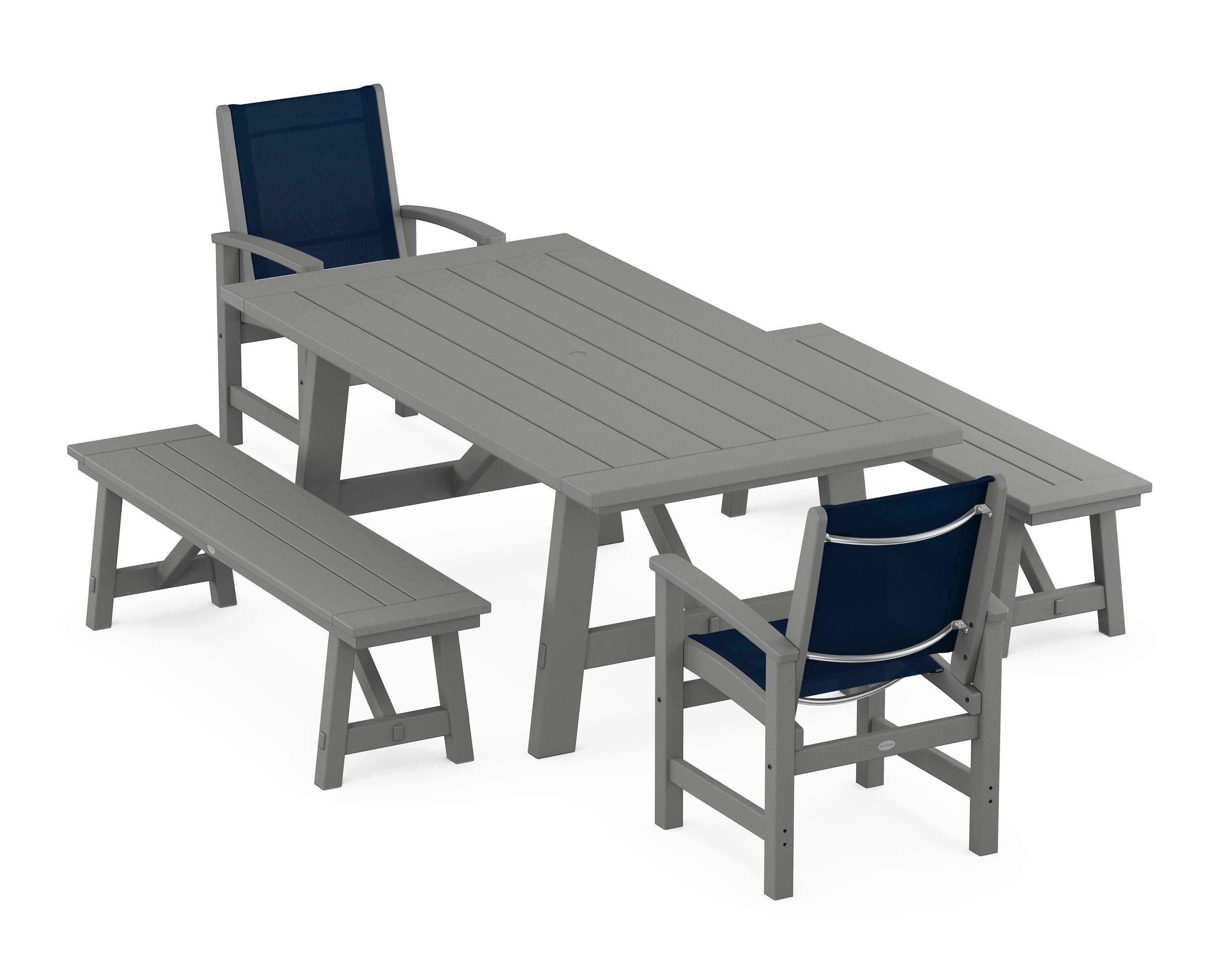 POLYWOOD® Coastal 5-Piece Rustic Farmhouse Dining Set With Benches in Slate Grey / Navy Blue Sling
