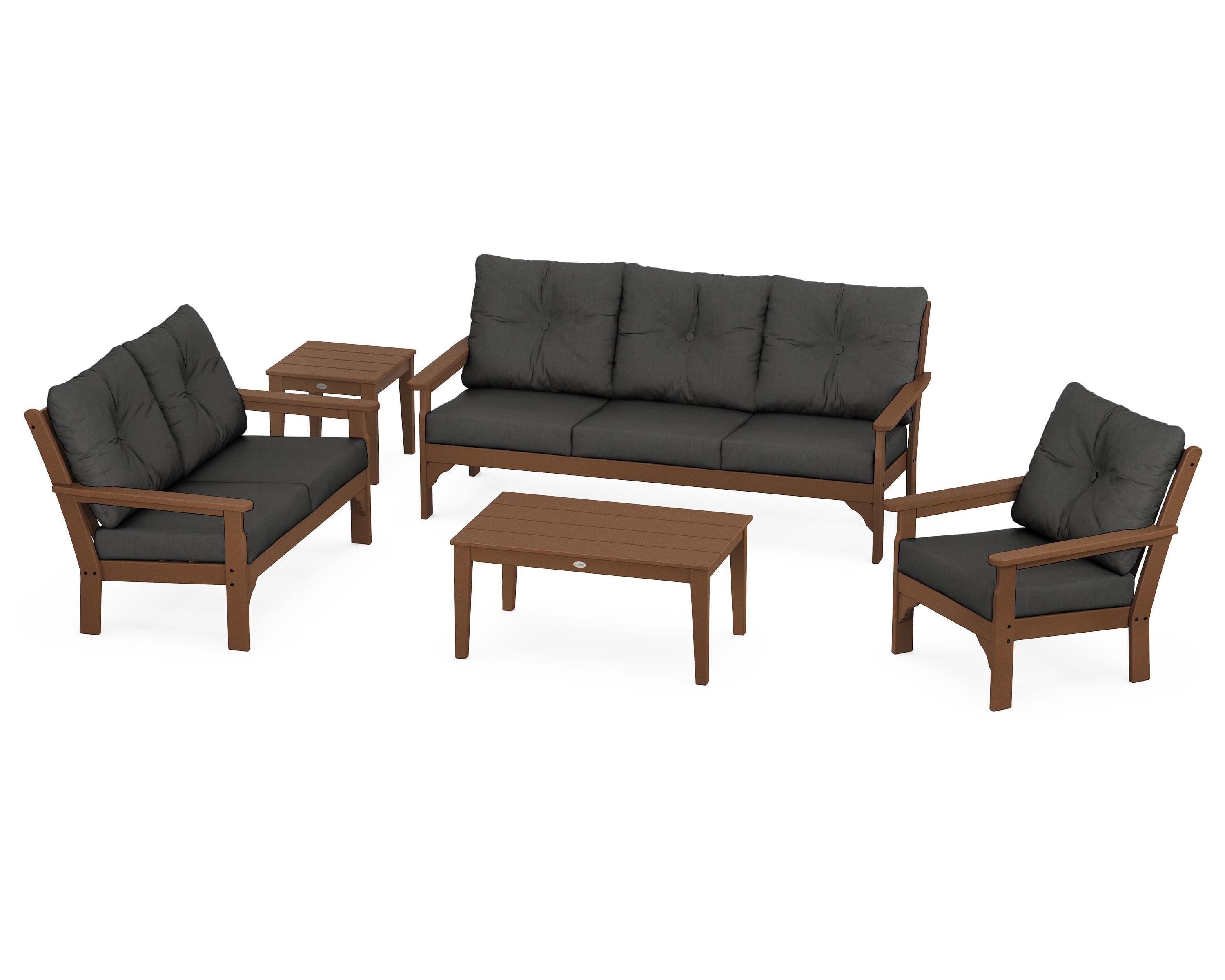 POLYWOOD® Vineyard 5 Piece Deep Seating Set in Teak / Spectrum Carbon