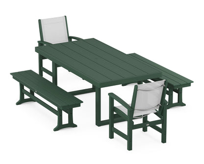 POLYWOOD® Coastal 5-Piece Dining Set with Trestle Legs in Green / White Sling