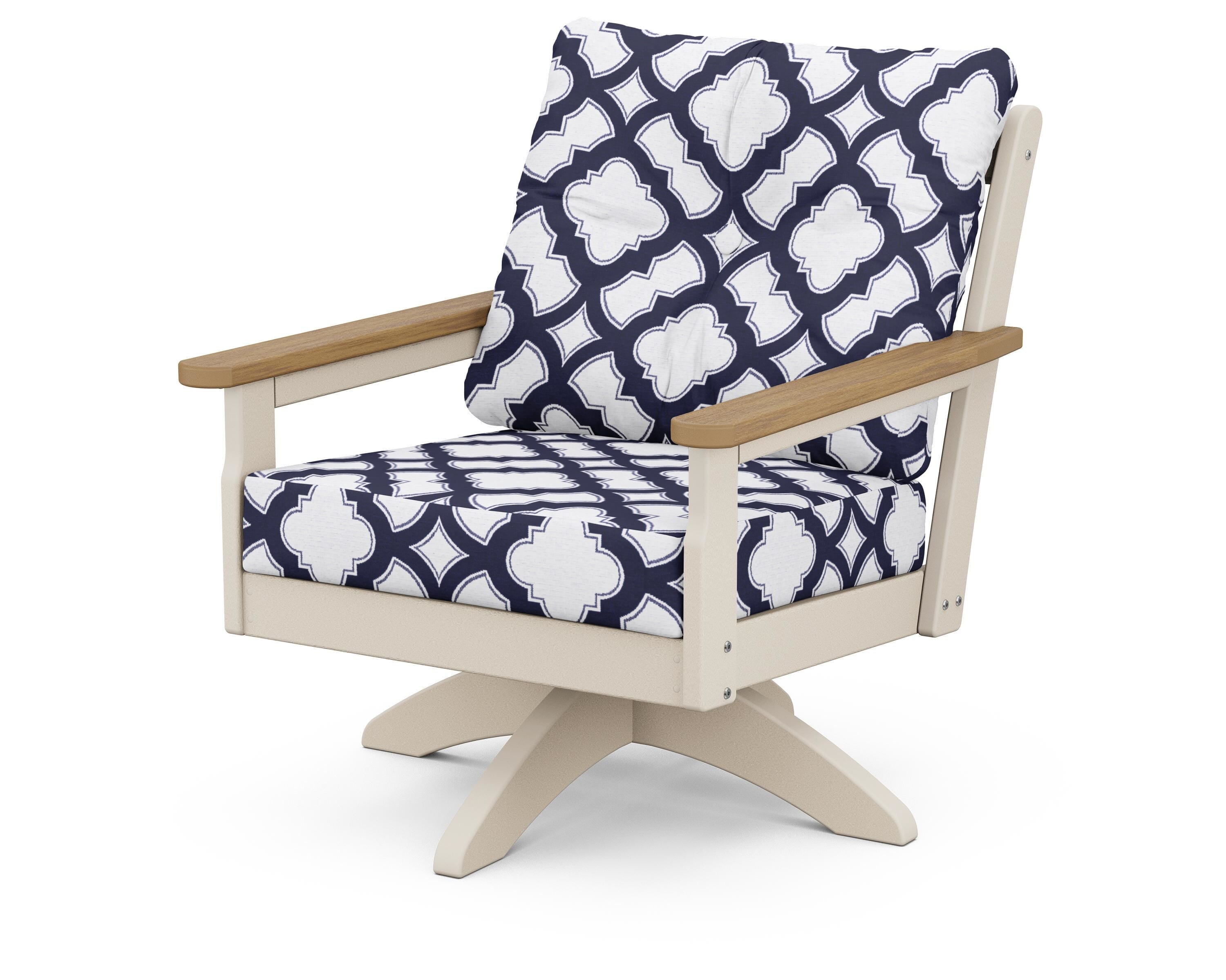 POLYWOOD® Vineyard Deep Seating Swivel Chair in Sand / Natural / Trellis Navy