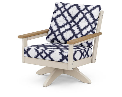 POLYWOOD® Vineyard Deep Seating Swivel Chair in Sand / Natural / Trellis Navy