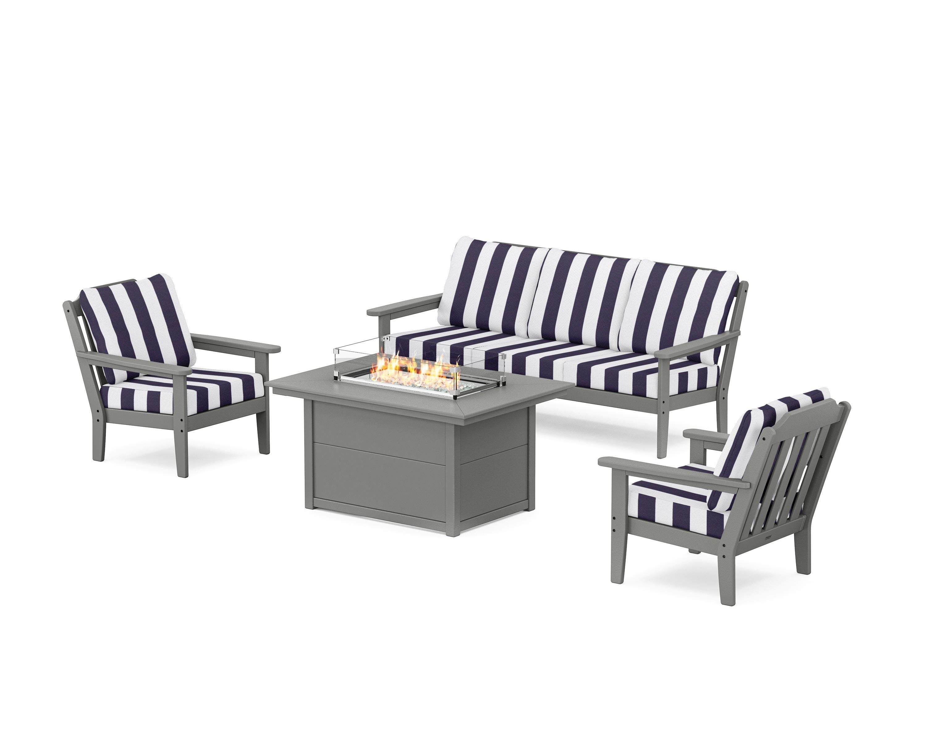 Country Living Cottage Deep Seating Fire Pit Table Set in Slate Grey / Cabana Stripe Navy