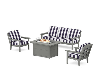 Country Living Cottage Deep Seating Fire Pit Table Set in Slate Grey / Cabana Stripe Navy