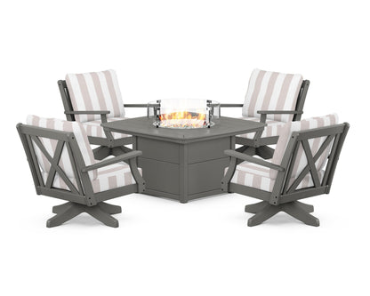 POLYWOOD® Braxton 5-Piece Deep Seating Swivel Conversation Set with Fire Pit Table in Slate Grey / Cabana Stripe Dune Burlap