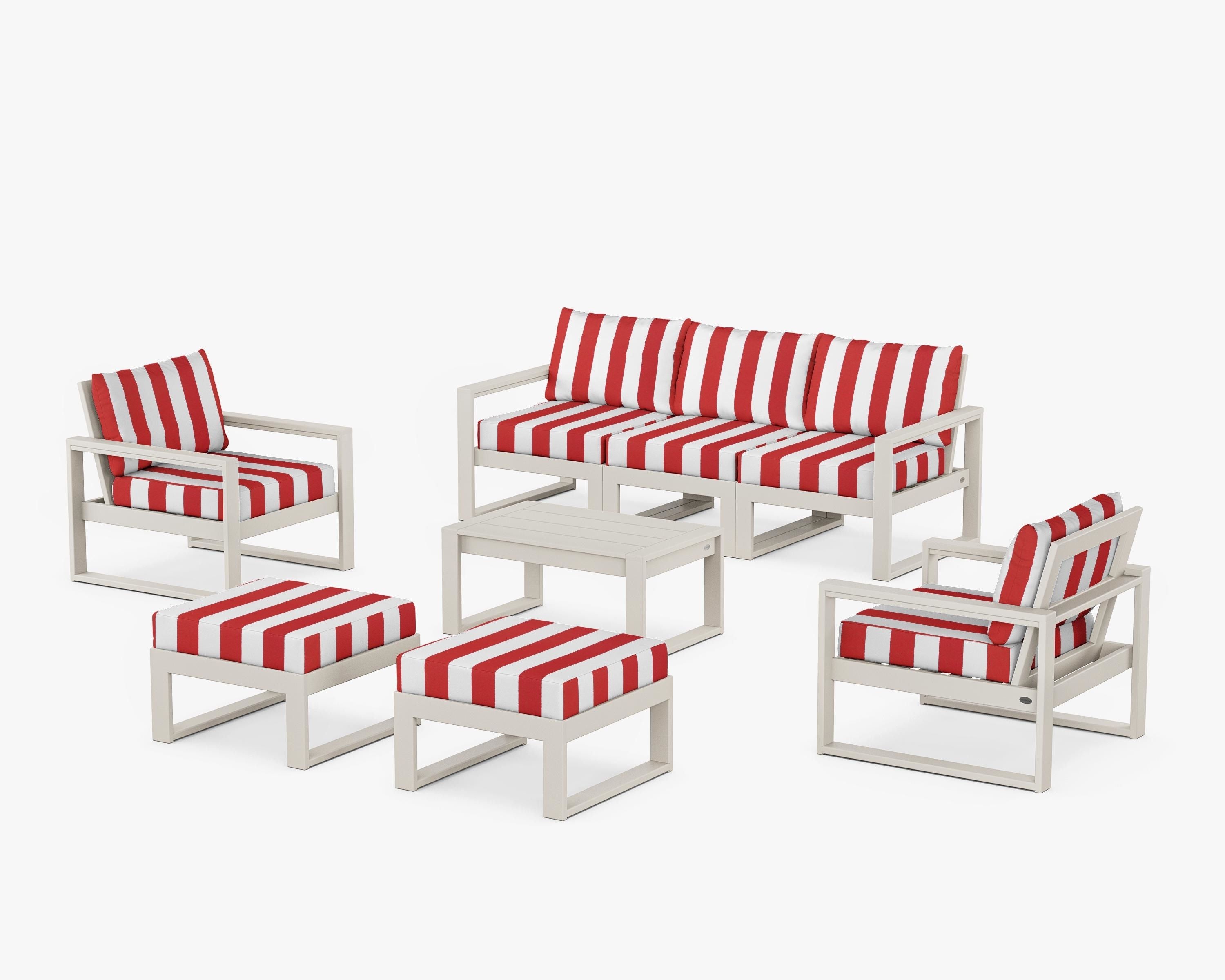 POLYWOOD® EDGE Sectional 8-Piece Lounge Sofa Set in Sand / Cabana Stripe Crimson